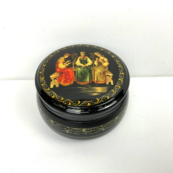 Russian Other - Vintage Russian Hand Painted Lacquer Round Box 3 Sisters Folk Art